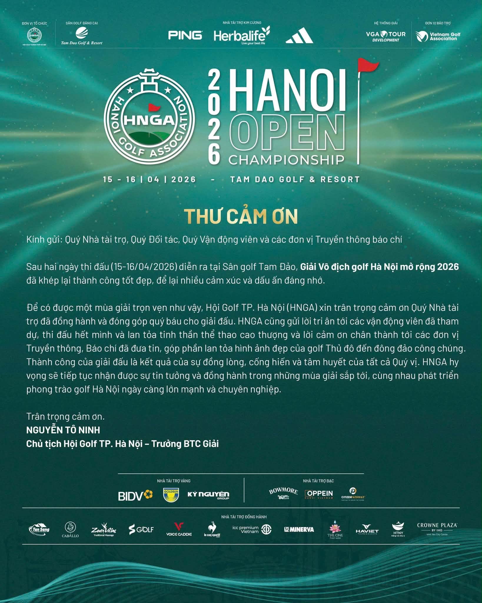 THƯ CẢM ƠN HANOI OPEN 2026